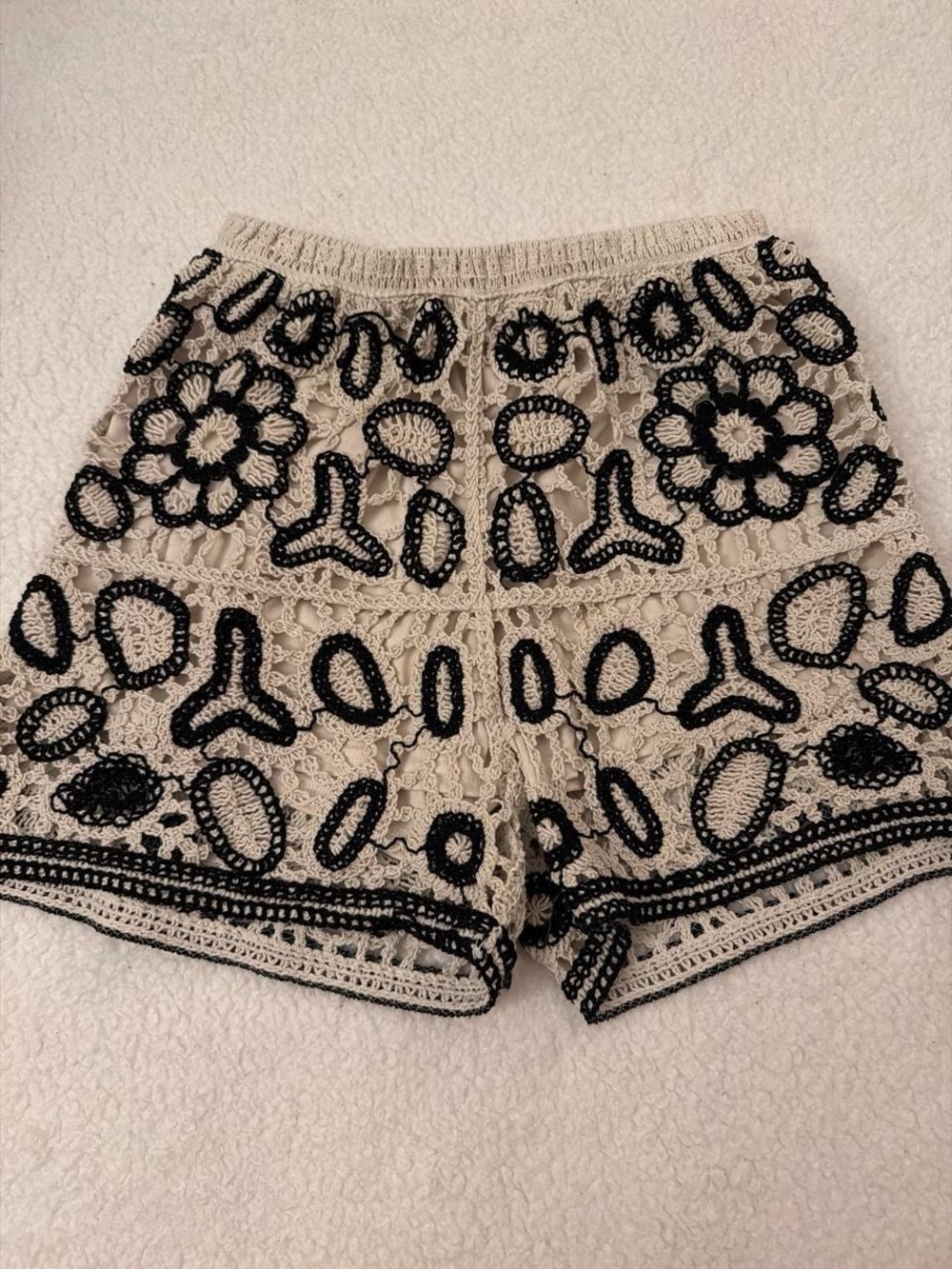 High-Waist Crochet Lace Shorts in Cream with Black Embroidery